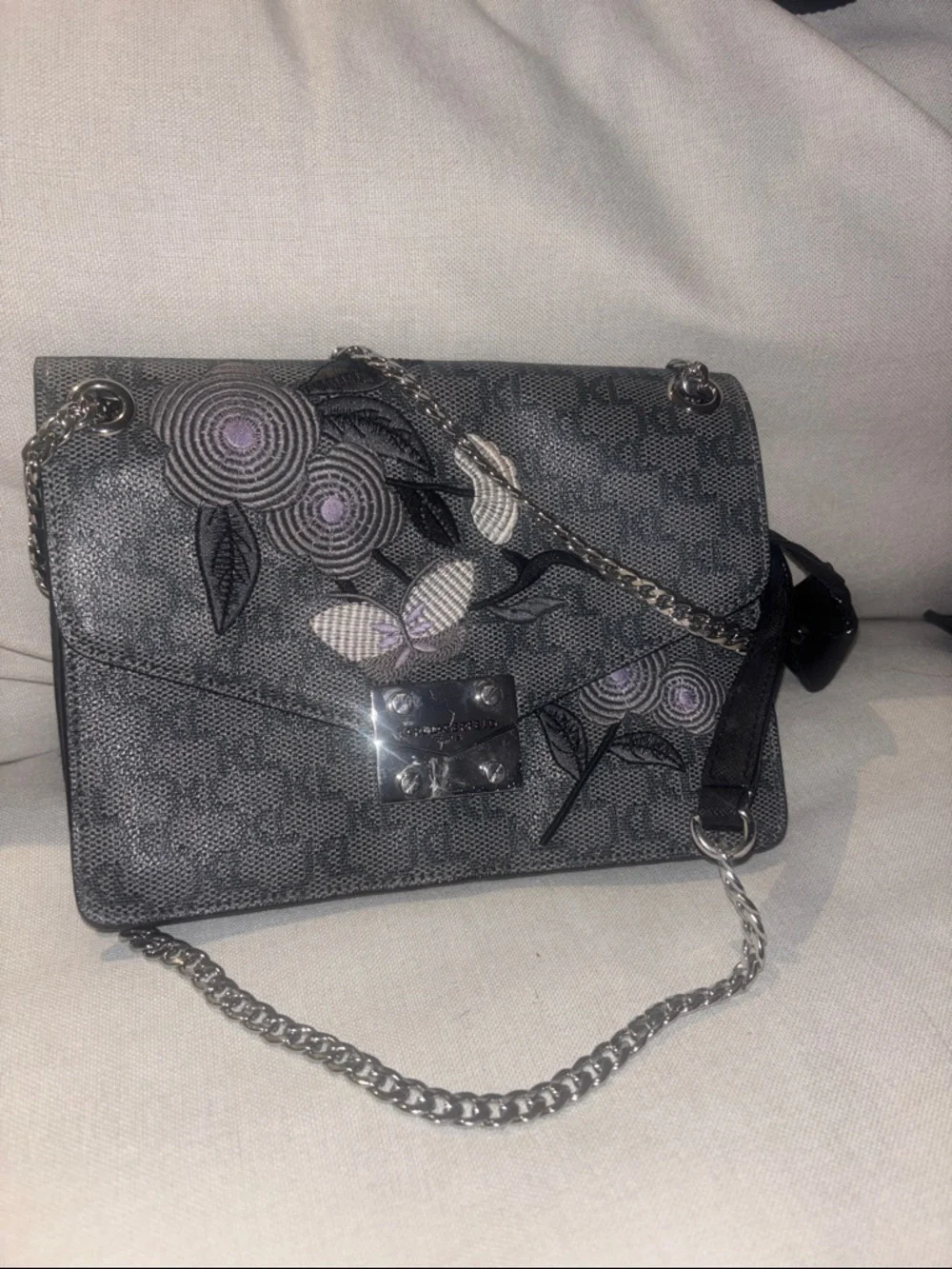Karl Lagerfeld Gray Monogram Crossbody with Pink Floral Embroidery - Picture 2 of 6